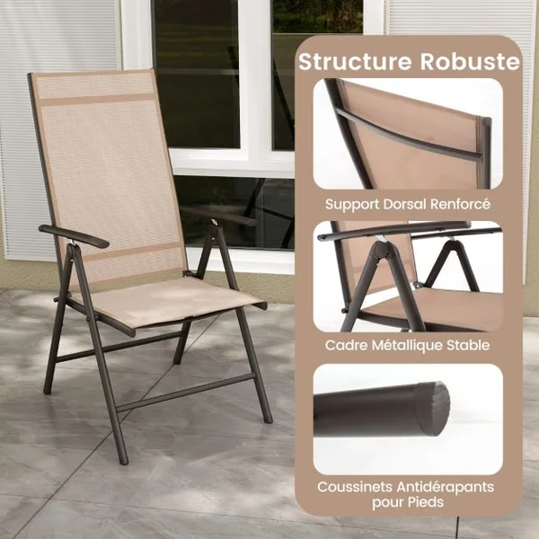 Chaises de Salle à Manger Pliantes pour Patio Chaises d'Extérieur avec Dossier Haut Réglable sur 7 Niveaux Marron