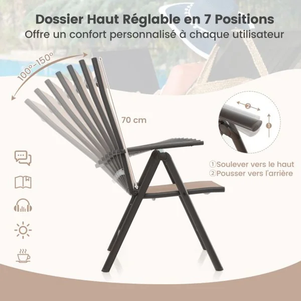 Chaises de Salle à Manger Pliantes pour Patio Chaises d'Extérieur avec Dossier Haut Réglable sur 7 Niveaux Marron