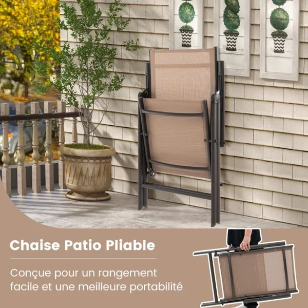 Chaises de Salle à Manger Pliantes pour Patio Chaises d'Extérieur avec Dossier Haut Réglable sur 7 Niveaux Marron