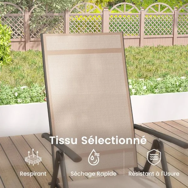 Chaises de Salle à Manger Pliantes pour Patio Chaises d'Extérieur avec Dossier Haut Réglable sur 7 Niveaux Marron