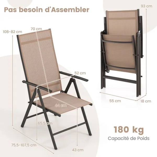 Chaises de Salle à Manger Pliantes pour Patio Chaises d'Extérieur avec Dossier Haut Réglable sur 7 Niveaux Marron