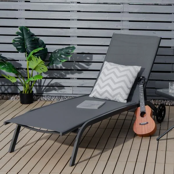 Chaises Longues de Jardin 5 Vitesses Angle Réglables pour Bord de Piscine Cour et Jardin Gris/Noir/Café