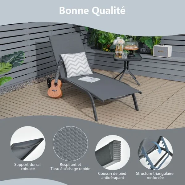 Chaises Longues de Jardin 5 Vitesses Angle Réglables pour Bord de Piscine Cour et Jardin Gris/Noir/Café