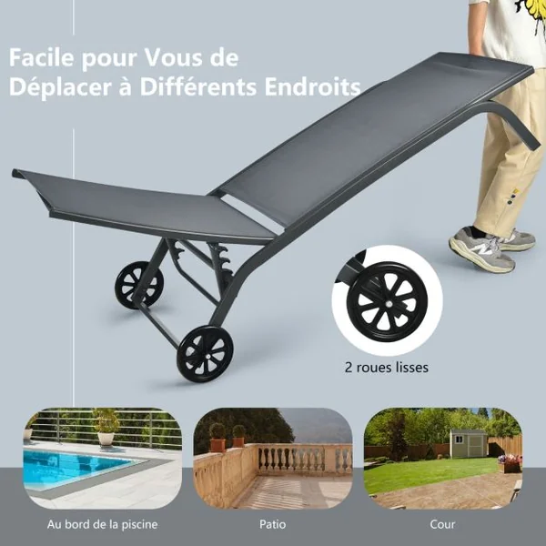 Chaises Longues de Jardin 5 Vitesses Angle Réglables pour Bord de Piscine Cour et Jardin Gris/Noir/Café