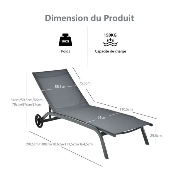 Chaises Longues de Jardin 5 Vitesses Angle Réglables pour Bord de Piscine Cour et Jardin Gris/Noir/Café