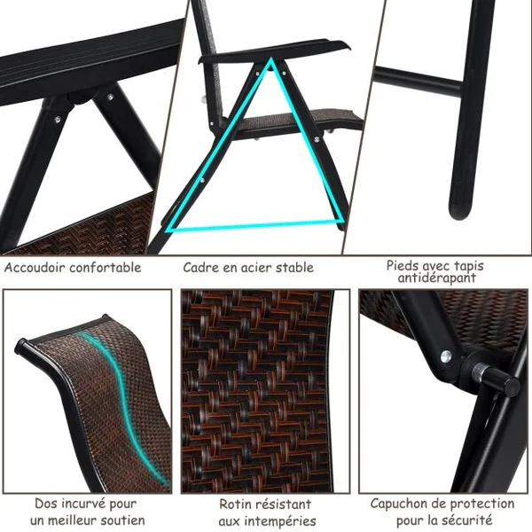 Chaises Pliantes de Jardin en Rotin 1/2/4 Pièces avec Dossier Réglable pour Extérieur&Intérieur 69 x 58 x 112cm Marron
