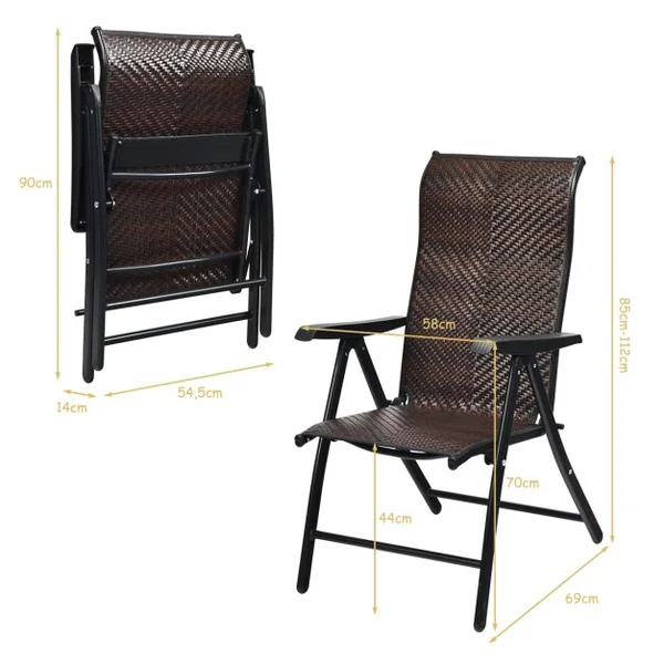 Chaises Pliantes de Jardin en Rotin 1/2/4 Pièces avec Dossier Réglable pour Extérieur&Intérieur 69 x 58 x 112cm Marron