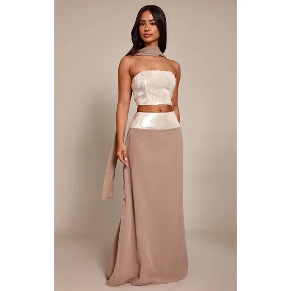Champagne Top Bandeau À Sequins Petite Avec Foulard Coordonné
