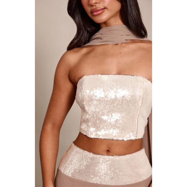 Champagne Top Bandeau À Sequins Petite Avec Foulard Coordonné