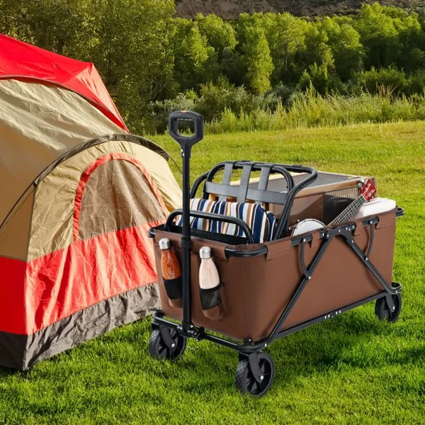 Chariot 170 L Robuste Chariot Pliable avec Guidon Réglable Porte-bouteilles et Poche de Rangement Chariot Utilitaire Pliable Café/Gris