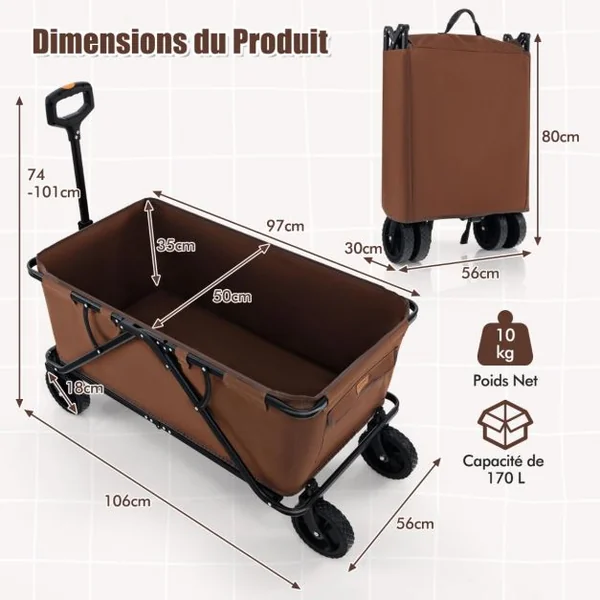 Chariot 170 L Robuste Chariot Pliable avec Guidon Réglable Porte-bouteilles et Poche de Rangement Chariot Utilitaire Pliable Café/Gris