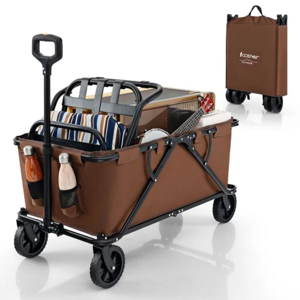 Chariot 170 L Robuste Chariot Pliable avec Guidon Réglable Porte-bouteilles et Poche de Rangement Chariot Utilitaire Pliable Café/Gris