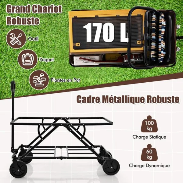 Chariot 170 L Robuste Chariot Pliable avec Guidon Réglable Porte-bouteilles et Poche de Rangement Chariot Utilitaire Pliable Café/Gris