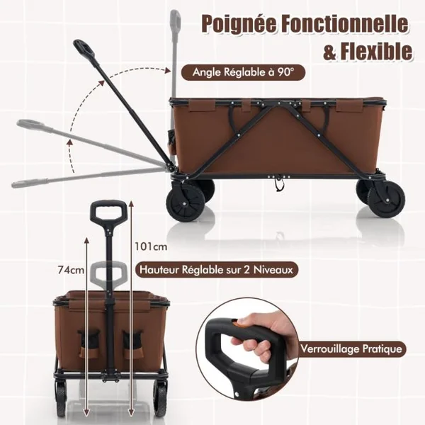 Chariot 170 L Robuste Chariot Pliable avec Guidon Réglable Porte-bouteilles et Poche de Rangement Chariot Utilitaire Pliable Café/Gris