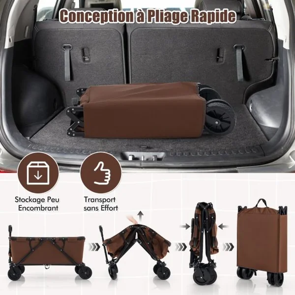 Chariot 170 L Robuste Chariot Pliable avec Guidon Réglable Porte-bouteilles et Poche de Rangement Chariot Utilitaire Pliable Café/Gris
