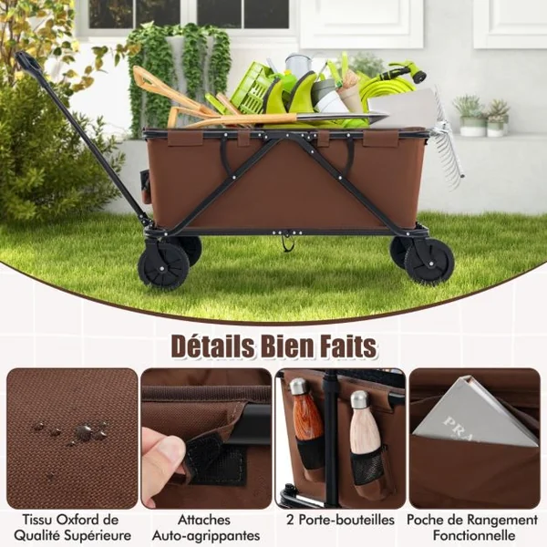 Chariot 170 L Robuste Chariot Pliable avec Guidon Réglable Porte-bouteilles et Poche de Rangement Chariot Utilitaire Pliable Café/Gris