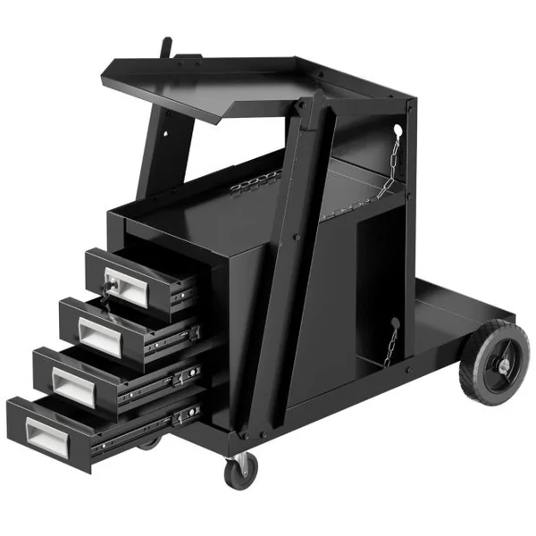 Chariot d'Atelier de Soudage à 4 Tiroirs avec Stockage de Réservoir Chariot à Outils avec Chaîne de Sécurité Charge 45 KG Noir