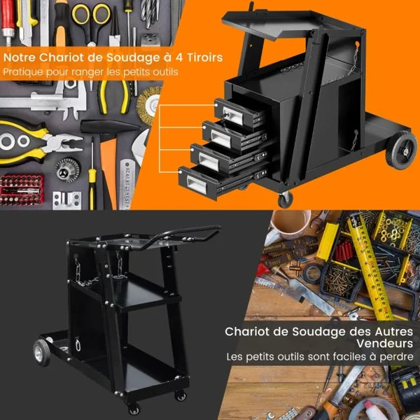 Chariot d'Atelier de Soudage à 4 Tiroirs avec Stockage de Réservoir Chariot à Outils avec Chaîne de Sécurité Charge 45 KG Noir