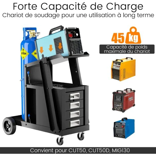 Chariot d'Atelier de Soudage à 4 Tiroirs avec Stockage de Réservoir Chariot à Outils avec Chaîne de Sécurité Charge 45 KG Noir