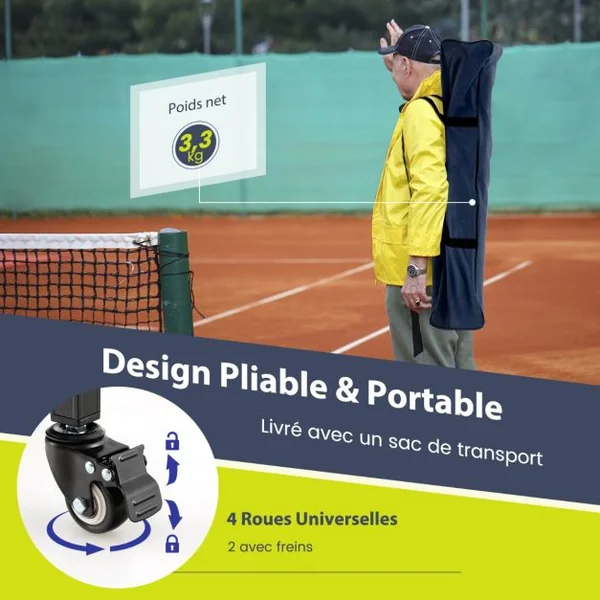 Chariot de Balle de Tennis Pliable avec Panier à Balles de Tennis en Aluminium Sac de Transport Contient 150 Balles de Tennis avec 2 Roues de Frein Poches Latérales Rouge/Bleu