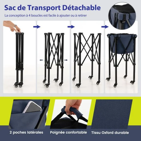 Chariot de Balle de Tennis Pliable avec Panier à Balles de Tennis en Aluminium Sac de Transport Contient 150 Balles de Tennis avec 2 Roues de Frein Poches Latérales Rouge/Bleu