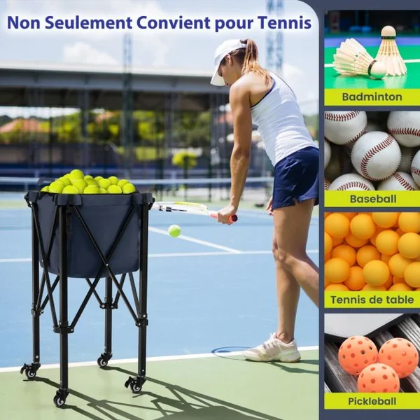 Chariot de Balle de Tennis Pliable avec Panier à Balles de Tennis en Aluminium Sac de Transport Contient 150 Balles de Tennis avec 2 Roues de Frein Poches Latérales Rouge/Bleu