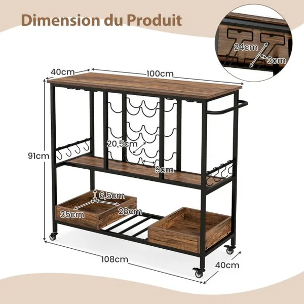 Chariot de Bar à 3 Étages Chariot de Service sur Roulettes avec Porte-bouteilles Crochets&Boîtes de Rangement Marron Rustique/Gris