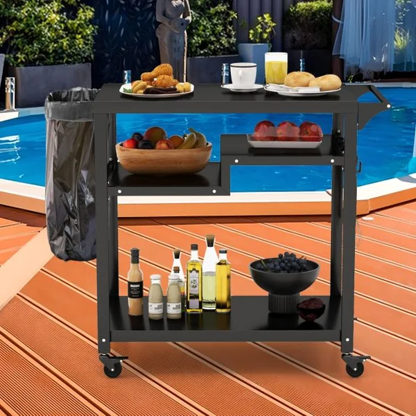 Chariot de Barbecue d'Extérieur à 3 Étagères Desserte de Jardin avec 4 Roues Verrouillables Crochets et Poignée Latérale Table de Four à Pizza Noir