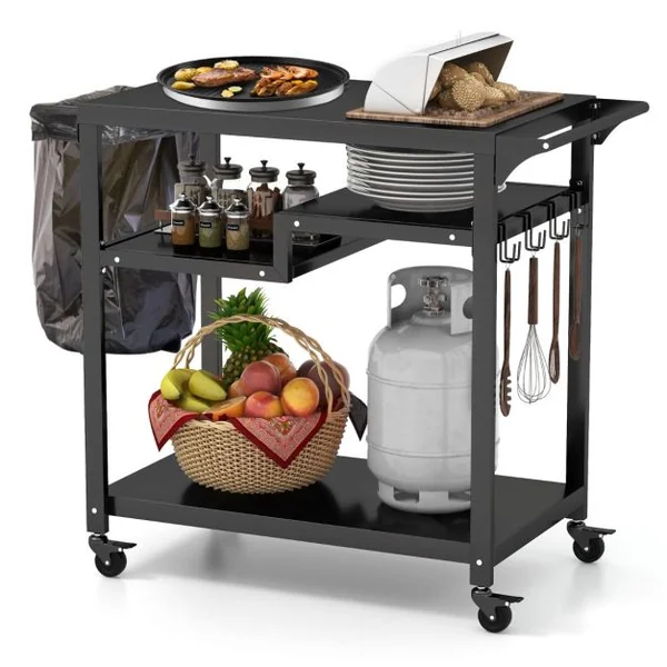 Chariot de Barbecue d'Extérieur à 3 Étagères Desserte de Jardin avec 4 Roues Verrouillables Crochets et Poignée Latérale Table de Four à Pizza Noir