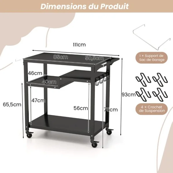 Chariot de Barbecue d'Extérieur à 3 Étagères Desserte de Jardin avec 4 Roues Verrouillables Crochets et Poignée Latérale Table de Four à Pizza Noir