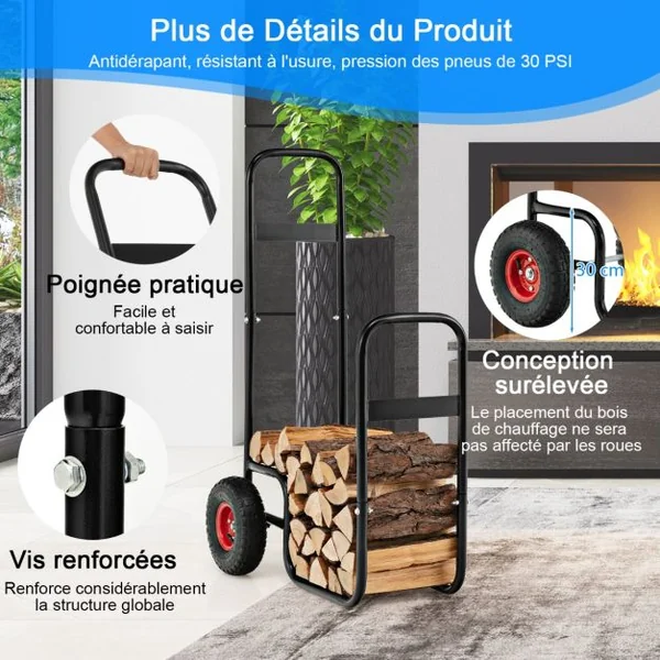 Chariot de Bûches Charge 136 KG avec 2 Roues en Caoutchouc