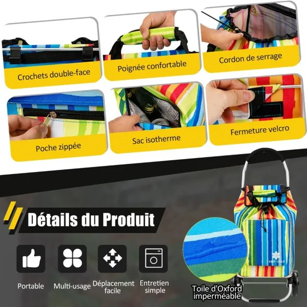 Chariot de Courses 3 en 1 Pliable 2 Roues 53L Sac Isotherme en Tissu Oxford Structure en Alliage d'Aluminium Multicolore