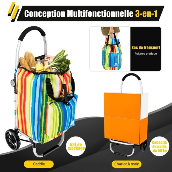 Chariot de Courses 3 en 1 Pliable 2 Roues 53L Sac Isotherme en Tissu Oxford Structure en Alliage d'Aluminium Multicolore