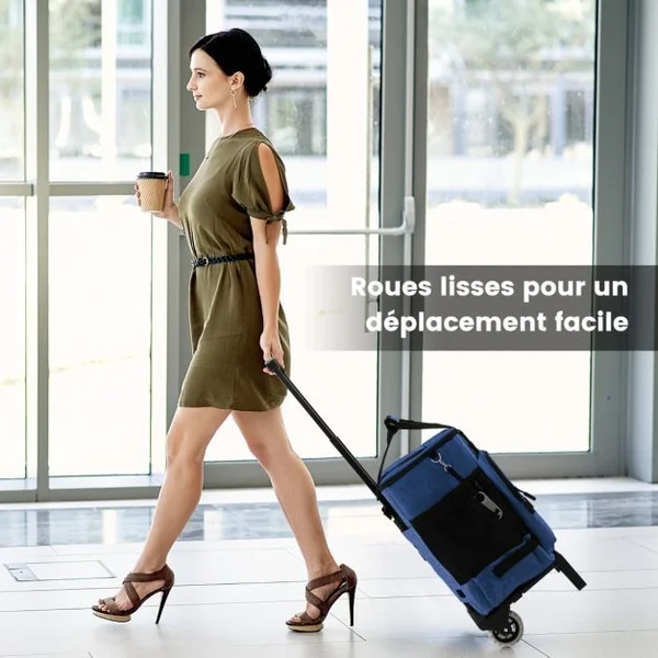 Chariot de Courses 40 L avec Sac Isotherme Étanche Poignée Extensible 2 Roues pour Camping Pique-niques Shopping Bleu
