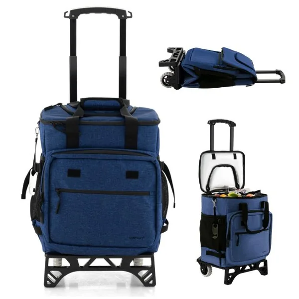 Chariot de Courses 40 L avec Sac Isotherme Étanche Poignée Extensible 2 Roues pour Camping Pique-niques Shopping Bleu