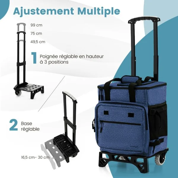 Chariot de Courses 40 L avec Sac Isotherme Étanche Poignée Extensible 2 Roues pour Camping Pique-niques Shopping Bleu