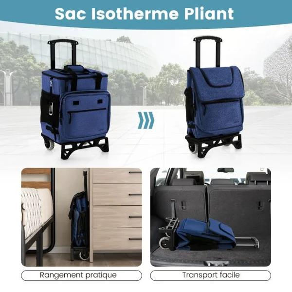 Chariot de Courses 40 L avec Sac Isotherme Étanche Poignée Extensible 2 Roues pour Camping Pique-niques Shopping Bleu