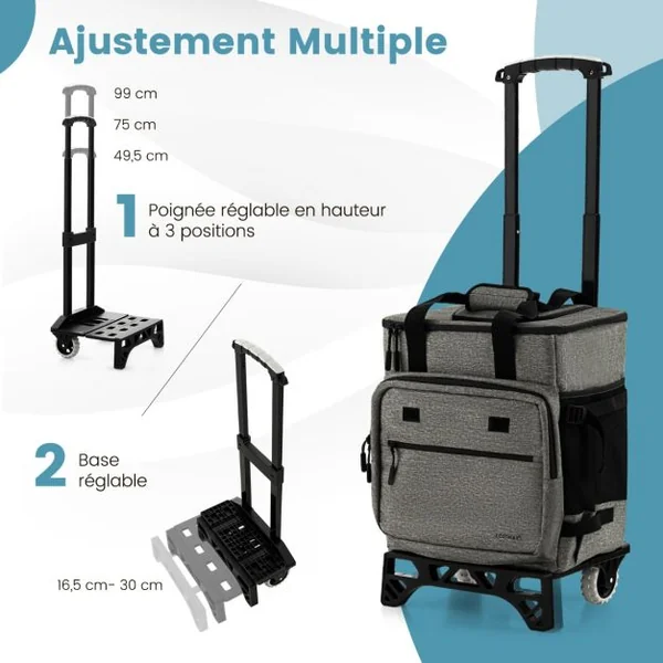 Chariot de Courses 40 L avec Sac Isotherme Étanche Poignée Extensible 2 Roues pour Camping Pique-niques Shopping Gris