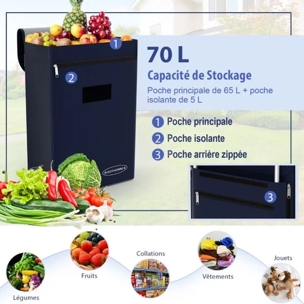 Chariot de Courses en Aluminium Portable Chariot à Roulettes EVA Tout-terrain 70L et Poche Isolante Chariot Polyvalent