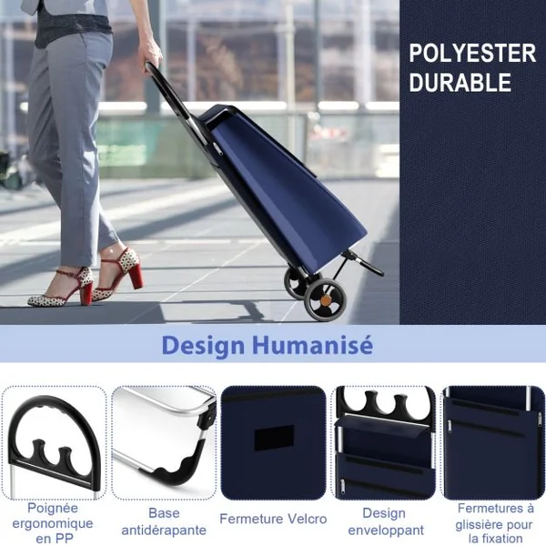 Chariot de Courses en Aluminium Portable Chariot à Roulettes EVA Tout-terrain 70L et Poche Isolante Chariot Polyvalent