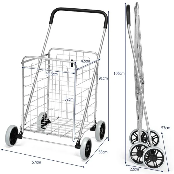 Chariot de Courses Pliable avec 4 Roues Structure en Acier Capacité de 45 KG Chariot Marché Poignée Confortable Noir/Argent