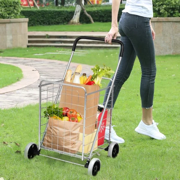 Chariot de Courses Pliable avec 4 Roues Structure en Acier Capacité de 45 KG Chariot Marché Poignée Confortable Noir/Argent