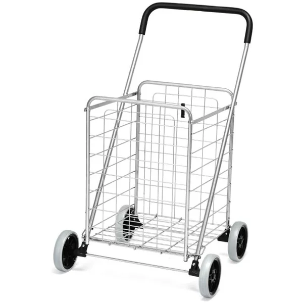 Chariot de Courses Pliable avec 4 Roues Structure en Acier Capacité de 45 KG Chariot Marché Poignée Confortable Noir/Argent