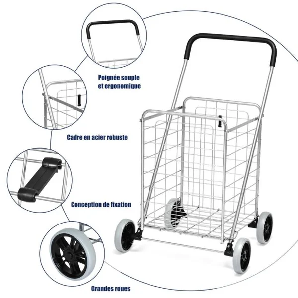 Chariot de Courses Pliable avec 4 Roues Structure en Acier Capacité de 45 KG Chariot Marché Poignée Confortable Noir/Argent