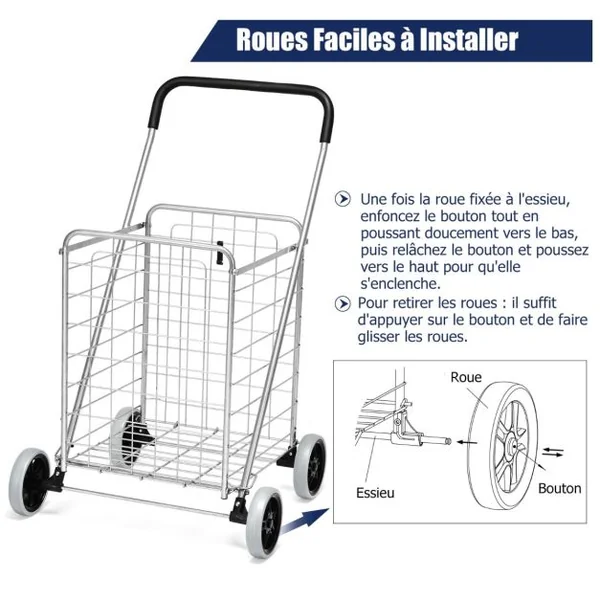 Chariot de Courses Pliable avec 4 Roues Structure en Acier Capacité de 45 KG Chariot Marché Poignée Confortable Noir/Argent