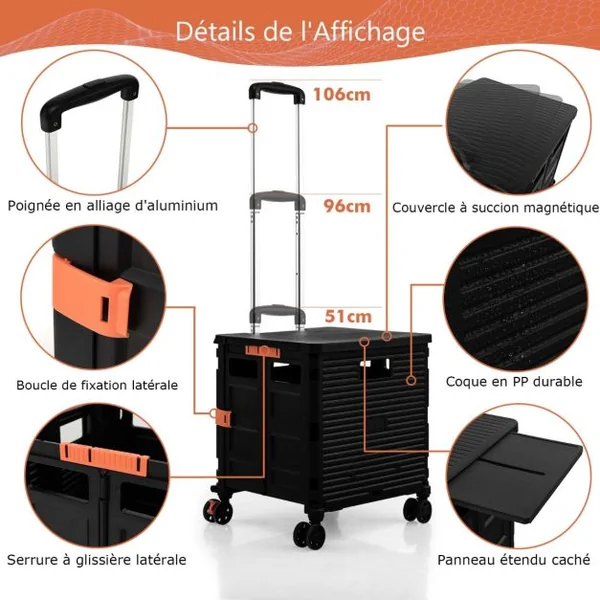 Chariot de Courses Pliable Capacité 55L avec 4 Roues Universelles et Poignée Télescopique en Alliage d'Aluminium Vert
