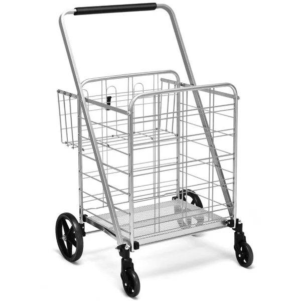 Chariot de Courses Pliable Chariot à Double Panier Roues Pivotantes à 360° Chariot Grande Capacité Base en treillis Métallique Argent