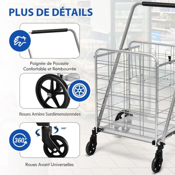 Chariot de Courses Pliable Chariot à Double Panier Roues Pivotantes à 360° Chariot Grande Capacité Base en treillis Métallique Argent