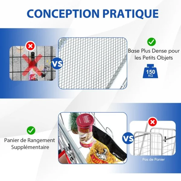 Chariot de Courses Pliable Chariot à Double Panier Roues Pivotantes à 360° Chariot Grande Capacité Base en treillis Métallique Argent