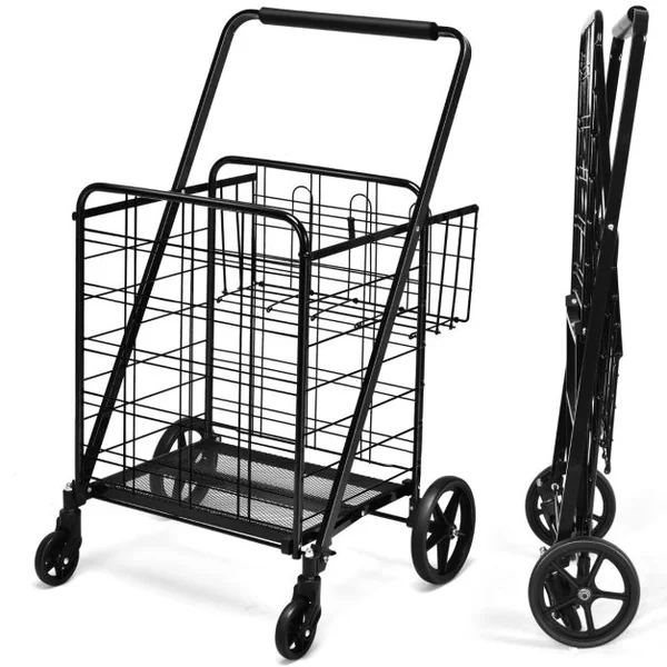 Chariot de Courses Pliable Chariot à Double Panier Roues Pivotantes à 360° Chariot Grande Capacité Base en treillis Métallique Noir